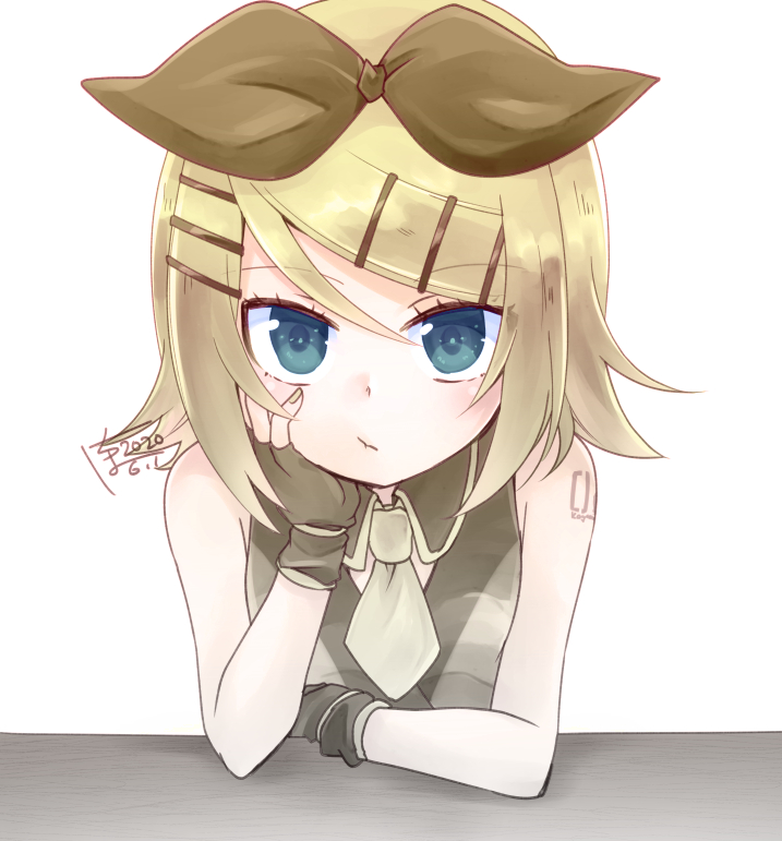 1girl, arm_support, black_bow, black_gloves, black_shirt, blonde_hair, blue_eyes, blush, bow, cheek_rest, closed_mouth, commentary, expressionless, female_focus, fingerless_gloves, gloves, hair_bow, hair_ornament, hairclip, hand_on_own_cheek, hand_on_own_face, ichiha_(18o_o81), kagamine_rin, kagamine_rin_(black_star), light_blush, looking_at_viewer, necktie, project_diva_(series), shirt, short_necktie, signature, sleeveless, sleeveless_shirt, solo, table, vocaloid, white_background