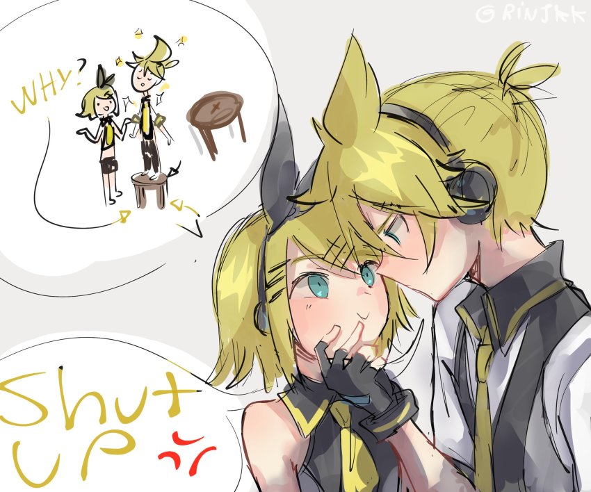 1boy, 1girl, anger_vein, aqua_eyes, arrow_(symbol), black_bow, black_gloves, black_shirt