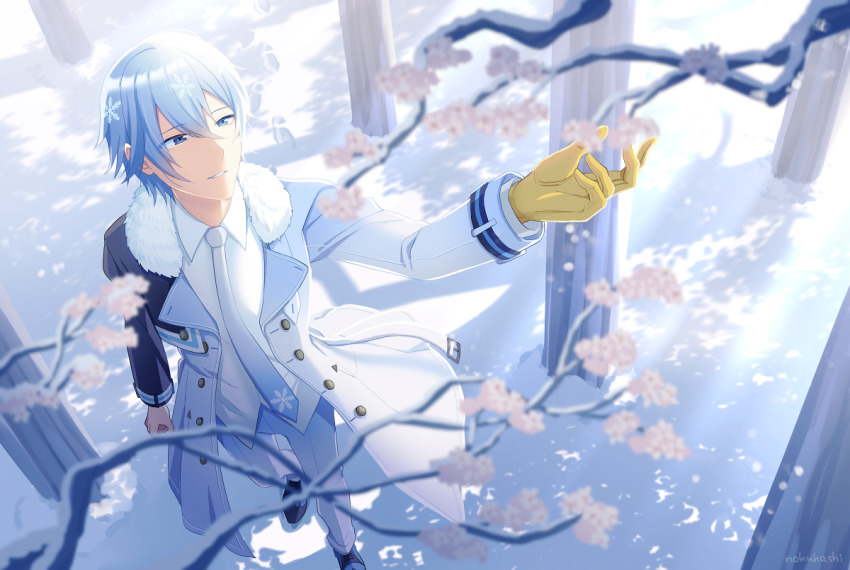1boy, blue_eyes, blue_hair, branch, coat, commentary, dappled_sunlight, kaito_(diamond_dust)_(vocaloid)