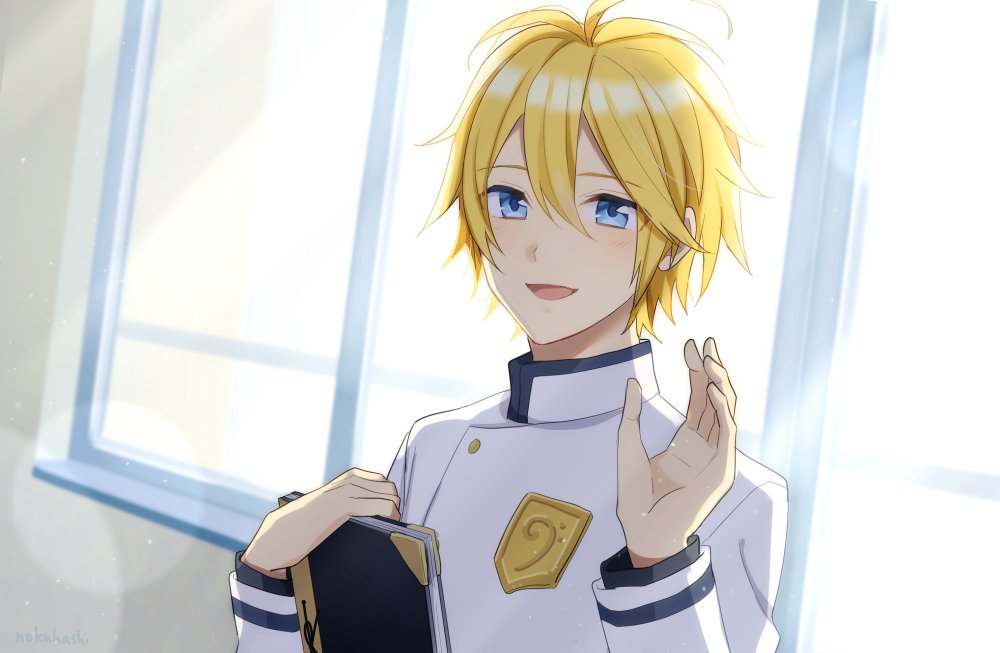 1boy, backlighting, badge, bass_clef, blonde_hair, blue_eyes, book, commentary_request