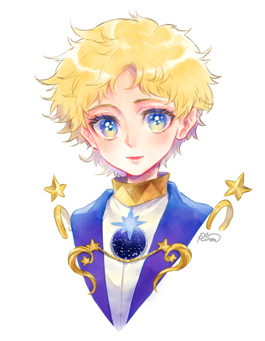 1boy, alternate_costume, artist_name, blonde_hair, blue_eyes, blush, bright_pupils, close-up