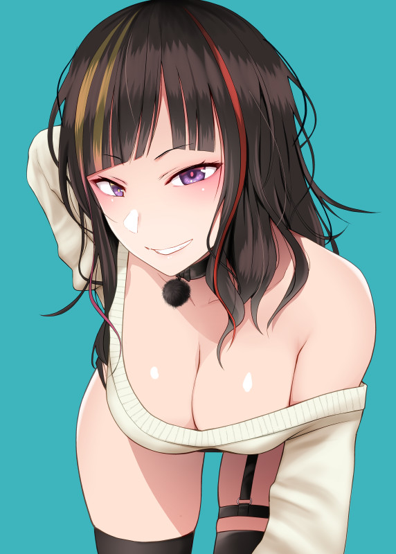 1girl, black_hair, black_thighhighs, blunt_bangs, blush, breasts, brown_hair, cleavage, collar, diisuke, female_focus, grin, hayase_sou, hayase_sou_(2nd_costume), large_breasts, leaning_forward, long_hair, long_sleeves, looking_at_viewer, multicolored_hair, nijisanji, off_shoulder, parted_lips, purple_eyes, red_hair, skindentation, smile, solo, streaked_hair, sweater, thighhighs, virtual_youtuber