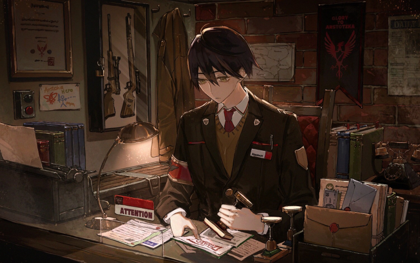 1boy, armband, binder, black_jacket, book, brown_eyes, brown_hair, chair