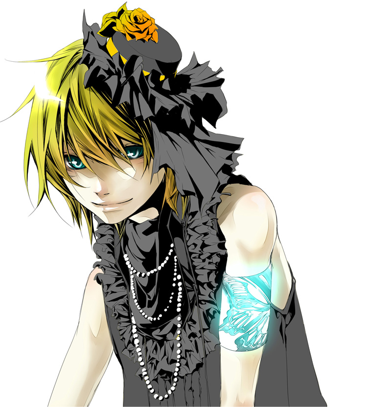 1boy, beads, blonde_hair, blue_eyes, crossdressing, crossdressing_(mtf), flower, frills, hair_ribbon, hat, hat_flower, imitation_black_(vocaloid), kagamine_len, male_focus, mini_hat, mini_top_hat, orange_flower, orange_rose, ribbon, rose, sakurai, short_hair, simon_(sakurai13), simple_background, smile, solo, top_hat, trap, vocaloid
