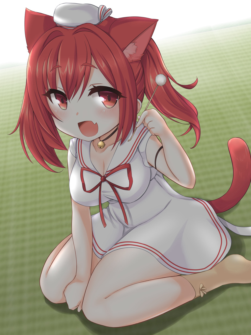 1girl, :d, absurdres, animal_ears, arm_strap, arm_support, azur_lane, bell, between_legs, black_choker, blush, breasts, brown_socks, cat_ears, cat_tail, choker, cleavage, collarbone, commentary_request, dress, fang, female_focus, full_body, hair_between_eyes, hair_intakes, hand_between_legs, hand_up, hat, highres, holding, huge_filesize, i-19_(azur_lane), i-19_(departure's_gentle_breeze)_(azur_lane), kinomiki_nobori, large_breasts, long_hair, looking_at_viewer, mimikaki, mini_hat, neck_bell, neck_ribbon, open_mouth, red_eyes, red_hair, red_ribbon, ribbon, sailor_collar, sailor_dress, shadow, sidelocks, sitting, skin_fang, sleeveless, sleeveless_dress, smile, socks, solo, tail, tatami, taut_clothes, taut_dress, tilted_headwear, twintails, wariza, white_dress, white_sailor_collar