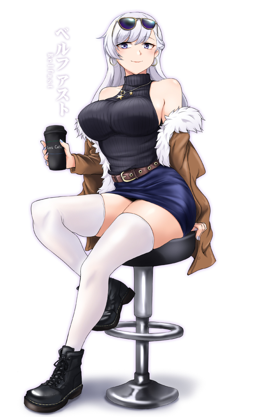 1girl, alternate_costume, applying_manicure, azur_lane, bare_shoulders, belfast_(azur_lane), belt, black_boots