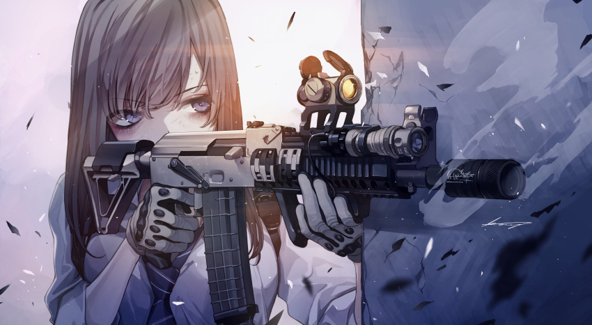 1girl, absurdres, aiming, ak-101, ak-74, ak-74m, angled_foregrip, assault_rifle, brown_hair, commentary, english_commentary, female_focus, gloves, gun, highres, holding, holding_gun, holding_weapon, kalashnikov_rifle, koh_(minagi_kou), medium_hair, necktie, original, purple_eyes, rifle, school_uniform, scope, shirt, solo, upper_body, weapon, white_shirt