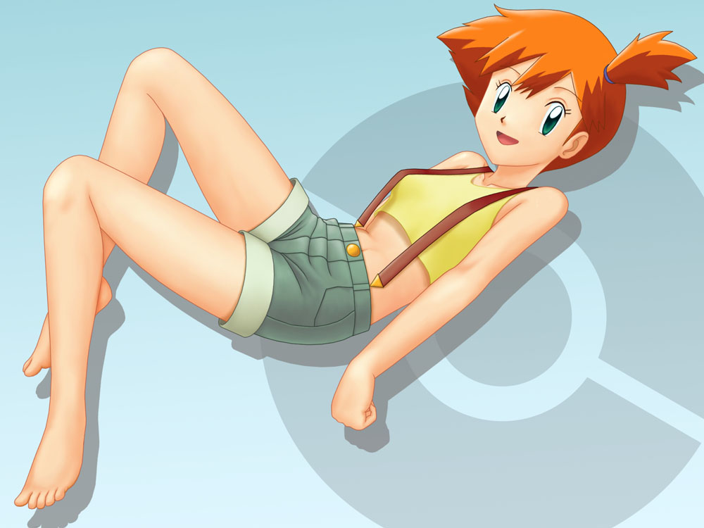 1girl, barefoot, denim, denim_shorts, green_eyes, midriff, misty_(pokemon), nintendo