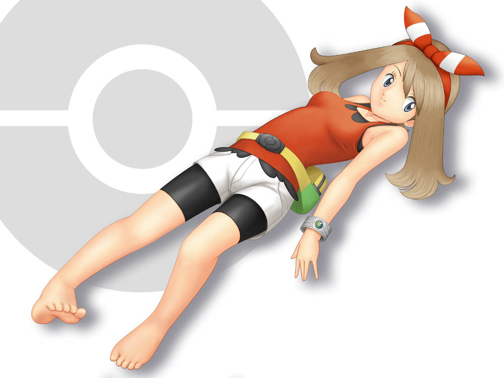 1girl, barefoot, biker_shorts, black_tank_top, blue_eyes, brown_hair, may_(pokemon), nintendo