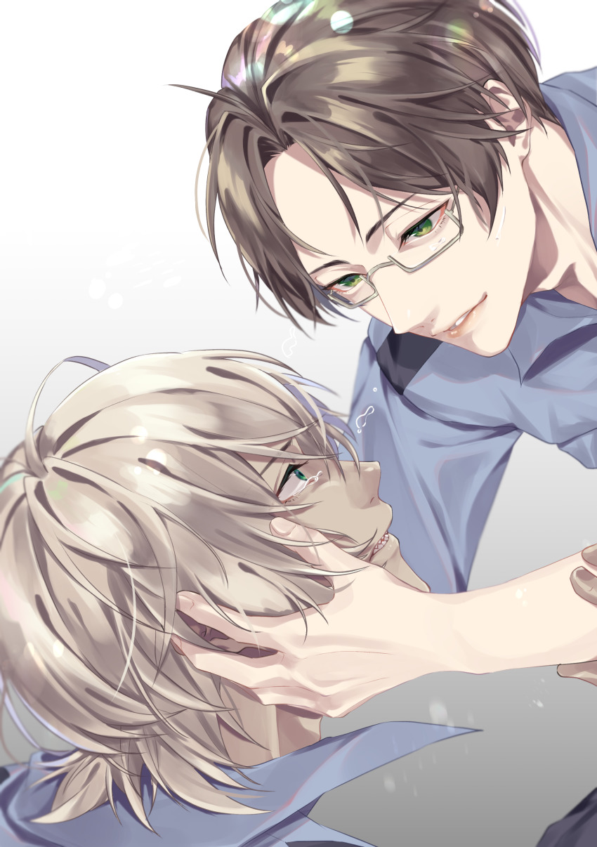 2boys, absurdres, akutsu_mabu, blue_eyes, blue_shirt, crying, eye_contact, green_eyes, hand_on_another's_cheek, hand_on_another's_face, highres, looking_at_another, multiple_boys, niiboshi_reo, parted_bangs, parted_lips, sarazanmai, sharp_teeth, shirt, tan, teeth, tmmr_xx, yaoi