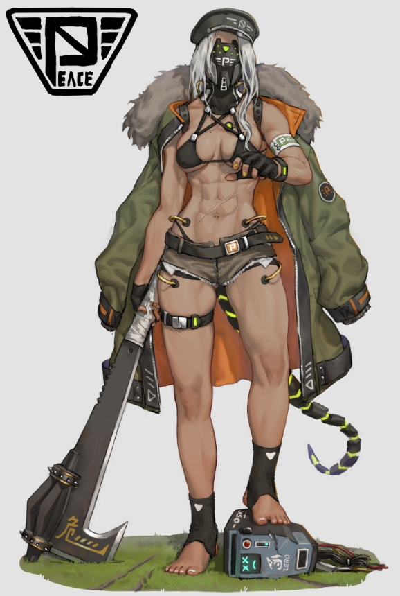 1girl, abs, barefoot, bikini, black_bikini, black_gloves, black_legwear, breasts