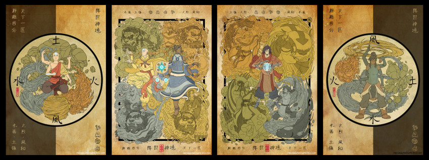 1girl, 2boys, aang, avatar:_the_last_airbender, avatar_legends, bald, chinese_clothes, dragon