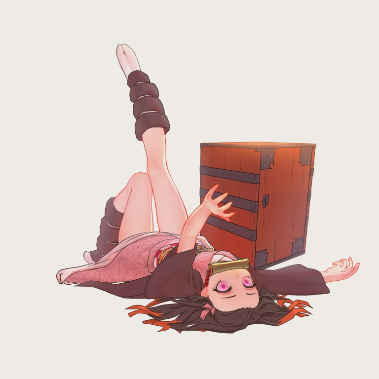 1girl, bamboo, black_hair, box, checkered_sash, female_focus, forehead, gag