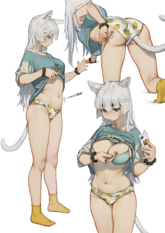 1girl, all_fours, animal_ears, ass, breasts, cat_ears, cat_tail, cleavage