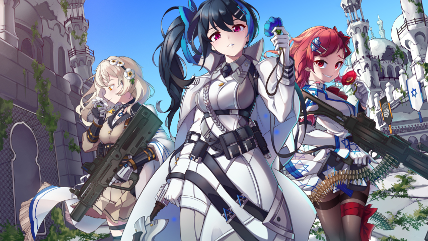3girls, absurdres, ammunition, ammunition_belt, assault_rifle, black_gloves, black_hair, blonde_hair