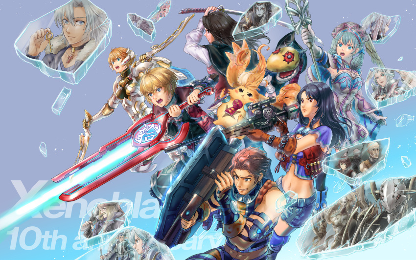 6+boys, 6+girls, alvis_(xenoblade), breasts, cigar, cyborg, dickson_(xenoblade), dual_wielding, dunban_(xenoblade), dunga_(xenoblade), everyone, fiora_(xenoblade), fuwamoko_momen_toufu, gadolt_(xenoblade), glass_shards, gun, highres, holding, juju_(xenoblade), kallian_antiqua, katana, key, lorithia_(xenoblade), mecha-fiora, medium_breasts, melia_antiqua, metal_face_(xenoblade), meyneth_(xenoblade), midriff, monado, multiple_boys, multiple_girls, navel, nintendo, nopon, oka_(xenoblade), otharon_(xenoblade), reyn_(xenoblade), rifle, riki_(xenoblade), sharla_(xenoblade), shield, short_hair, shulk_(xenoblade), sorean_antiqua, spoilers, staff, sword, tyrea_(xenoblade), weapon, xenoblade_chronicles_1, xenoblade_chronicles_(series), yaldabaoth_(xenoblade)