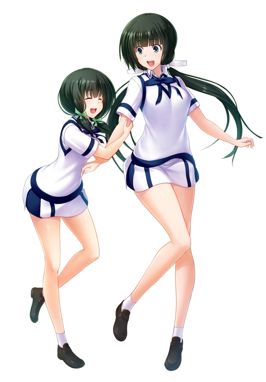 2girls, :d, absurdres, arm_grab, blue_ribbon, blunt_bangs, brown_footwear, closed_eyes