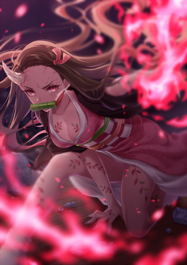 1girl, between_legs, blurry, blurry_foreground, breasts, brown_hair, checkered_sash, cleavage, collarbone, female_focus, fire, floating_hair, hair_ribbon, hand_between_legs, haori, horns, japanese_clothes, kamado_nezuko, kamado_nezuko_(demon), kimetsu_no_yaiba, kimono, ko_to_kimethu, long_hair, looking_at_viewer, medium_breasts, obi, on_one_knee, oni_horns, open_clothes, open_kimono, pink_eyes, pink_kimono, pink_ribbon, print_kimono, ribbon, sash, single_horn, solo, spoilers, very_long_hair, wooden_floor