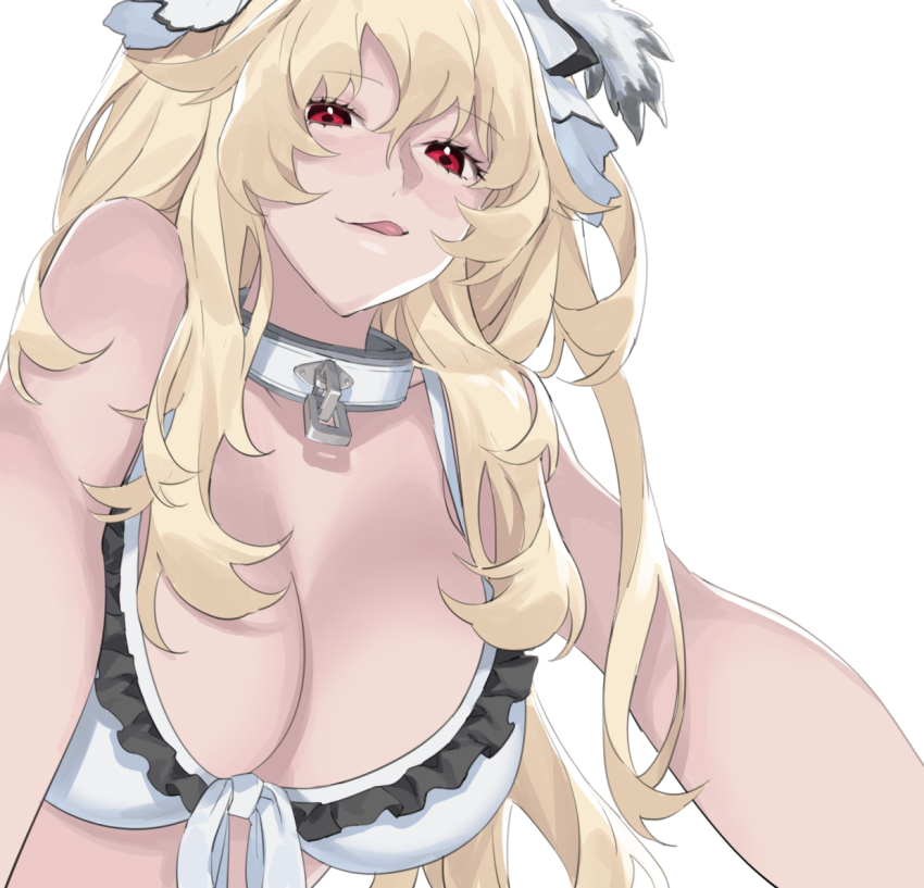 1girl, anne_bonny_(fate), anne_bonny_(swimsuit_archer)_(second_ascension)_(fate), bare_shoulders, bikini, blonde_hair, blush, breasts, cleavage, collar, fate/grand_order, fate_(series), hat, large_breasts, long_hair, looking_at_viewer, metal_collar, nakuta, pirate_hat, red_eyes, simple_background, smile, swimsuit, tongue, tongue_out, white_background, white_bikini, white_hat