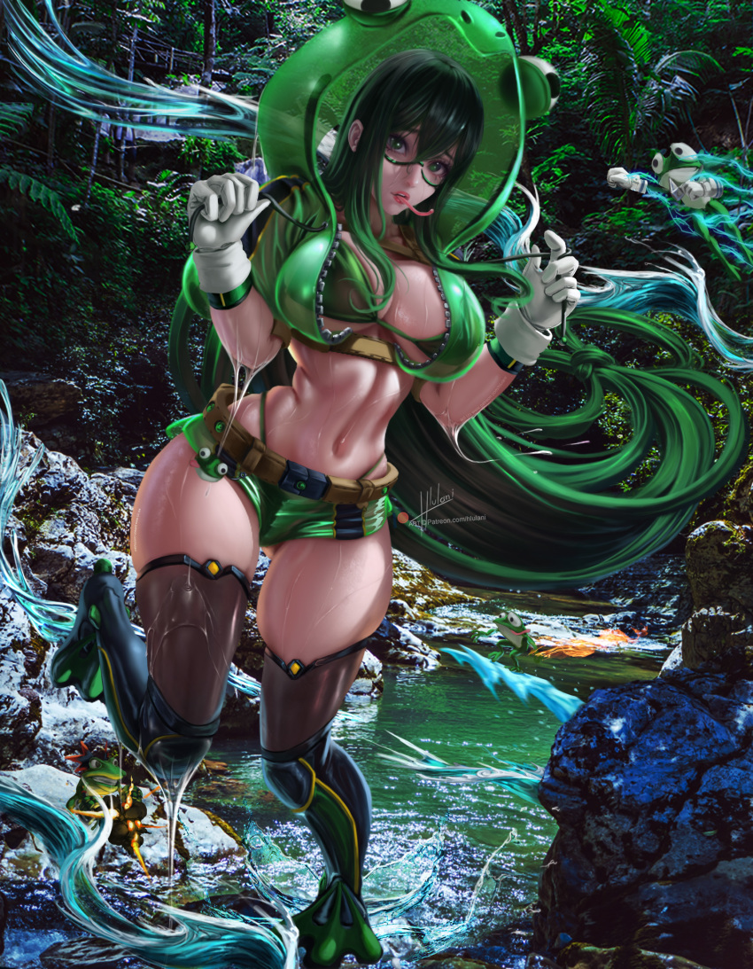1girl, absurdres, animal_hood, asui_tsuyu, belt, boku_no_hero_academia, boots, bra, breasts, female_focus, forest, frog, frog_girl, frog_hood, gloves, goggles, green_bra, green_eyes, green_hair, green_panties, green_shorts, highres, hlulani, hood, hooded_jacket, jacket, knee_boots, large_breasts, lipstick, long_hair, long_tongue, looking_at_viewer, makeup, midriff, navel, panties, red_lips, see-through_clothes, see-through_hoodie, see-through_shorts, shiny_skin, short_shorts, shorts, slime, slimy, solo, swimsuit, thick_thighs, thighhighs, thighs, tongue, tongue_out, underwear, water, wet, wet_clothes, white_gloves, wide_hips