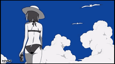 animated, animated_gif, ass, back, beach_hat, bikini, bird, butt_crack, can, cloud, drink_can, haruno_sakura, hat, lowres, naruto_(classic), naruto_(series), naruto_shippuuden, screencap, short_hair, side-tie_bikini_bottom, sky, soda, soda_can, solo, sun_hat, swimsuit, walking