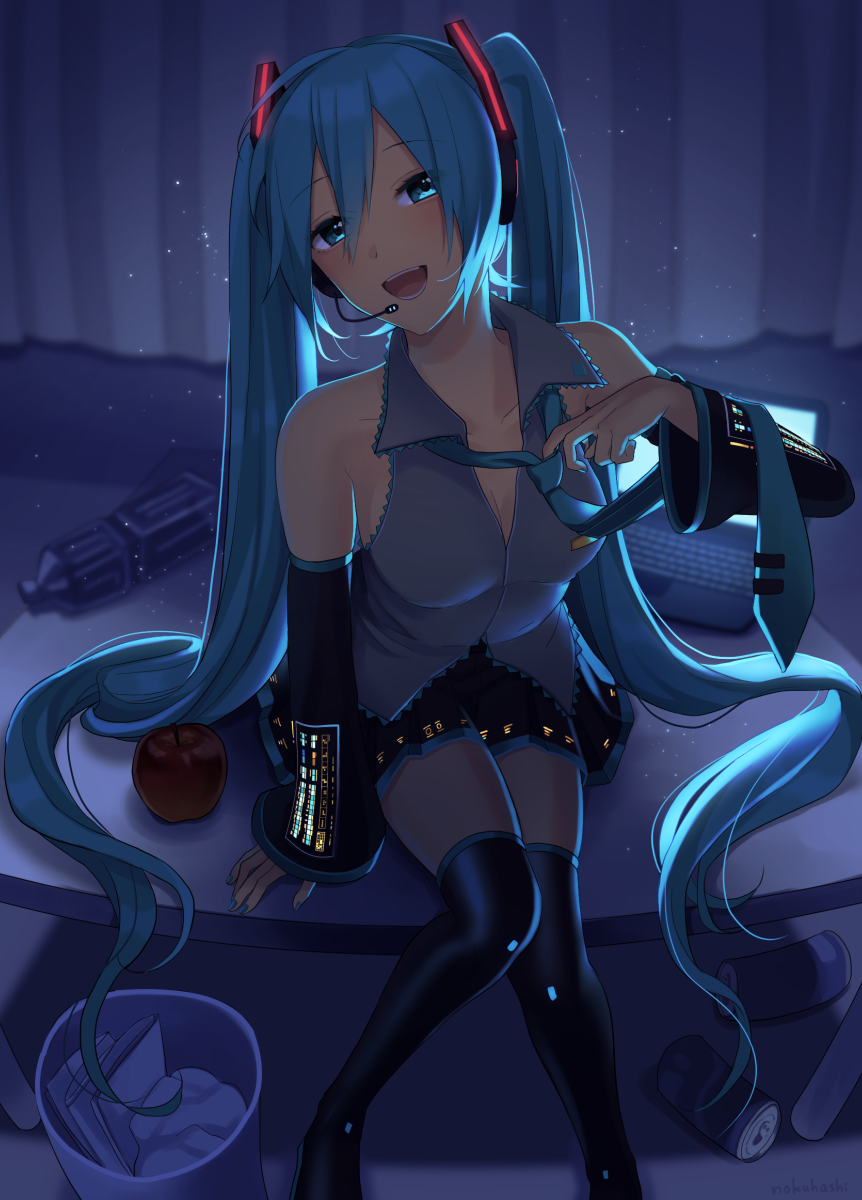 1girl, apple, aqua_eyes, aqua_hair, aqua_nails, aqua_necktie, arm_support, backlighting