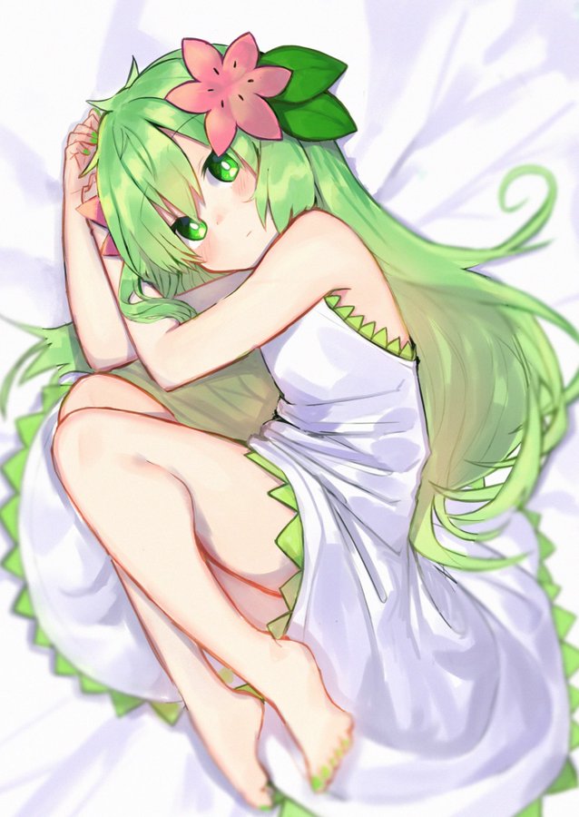 1girl, arms_up, bare_arms, bare_shoulders, barefoot, bed_sheet, blush, closed_mouth, dress, female_focus, flower, full_body, gen_4_pokemon, green_eyes, green_hair, green_nails, hair_flower, hair_ornament, knees_up, legendary_pokemon, long_hair, looking_at_viewer, lying, moti_yousei, mythical_pokemon, nail_polish, nintendo, on_side, personification, pink_flower, pokemon, shaymin, shaymin_(land), solo, toenail_polish, toenails, very_long_hair, white_dress