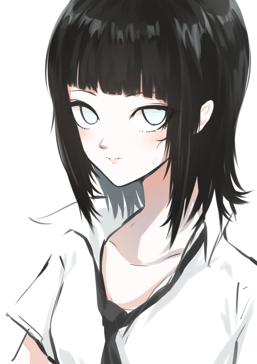 1girl, black_hair, black_necktie, blank_eyes, blunt_bangs, blush, collared_shirt, commentary