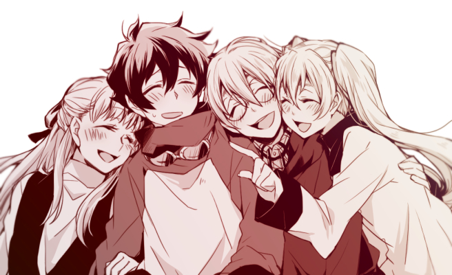 2boys, 2girls, black_(kekkai_sensen), blonde_hair, brother_and_sister, happy, kekkai_sensen, leonardo_watch