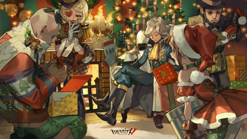 2girls, 3boys, ascot, bell, black_hair, blonde_hair, box, brown_hair