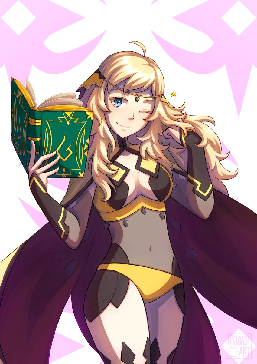 1girl, absurdres, blonde_hair, blue_eyes, book, breasts, cape, center_opening, closed_mouth, commission, covered_navel, female_focus, fire_emblem, fire_emblem_fates, highres, holding, holding_book, long_hair, nintendo, one_eye_closed, open_book, ophelia_(fire_emblem), smile, solo, toast_(oreocorio)
