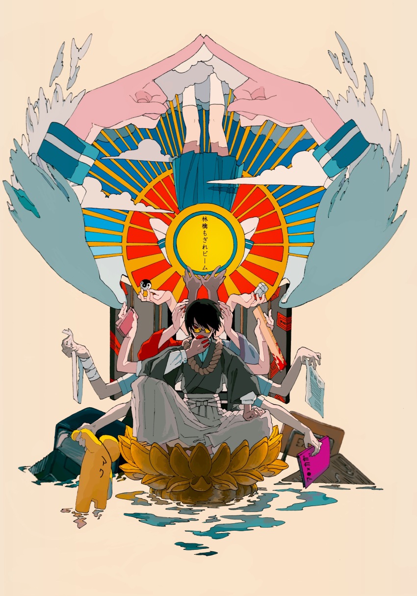 1boy, abstract, absurdres, apple, ballpoint_pen_(medium), bandaged_arm, bandages, beige_background