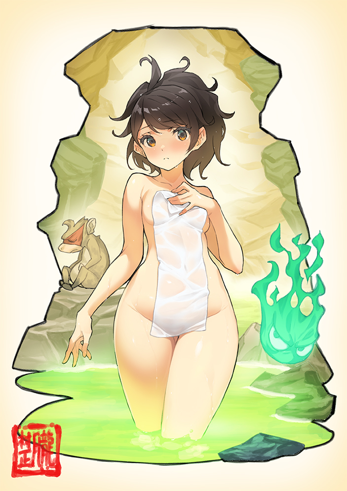 1girl, animal, bad_id, bad_twitter_id, black_hair, blush, breasts, brown_eyes