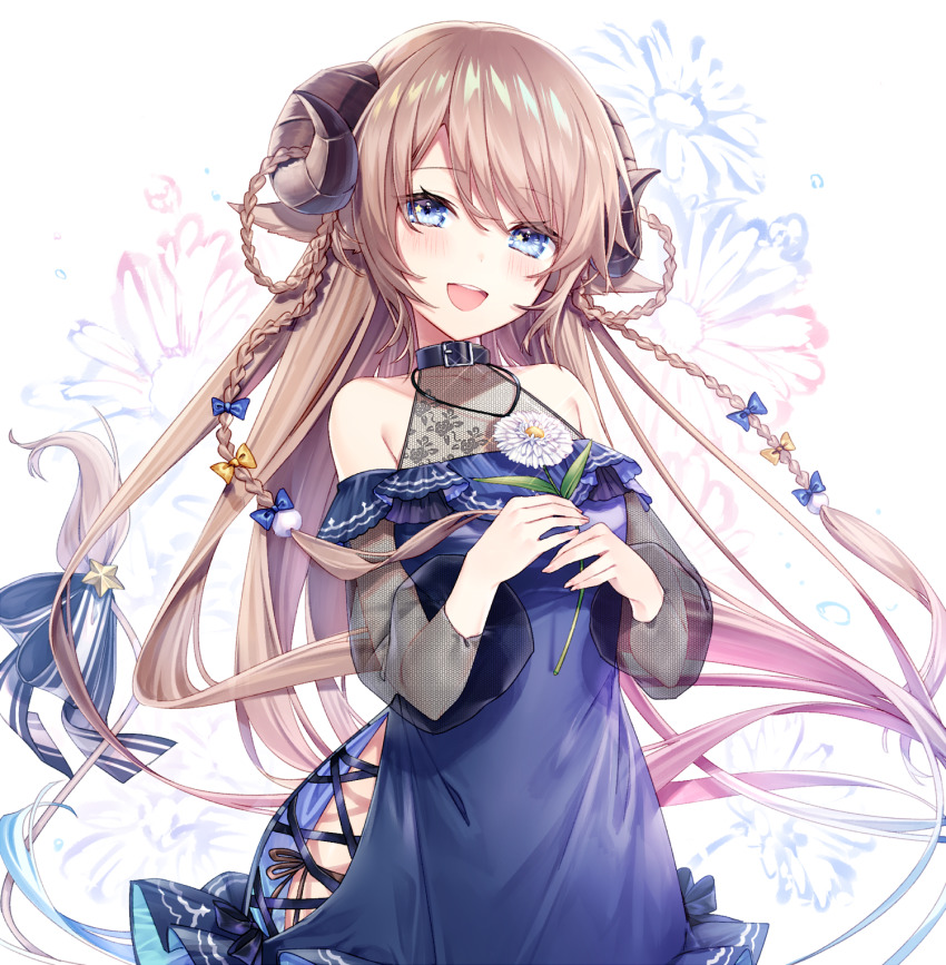 1girl, animal_ears, bare_shoulders, blue_bow, blue_collar, blue_dress, blue_eyes, blue_ribbon