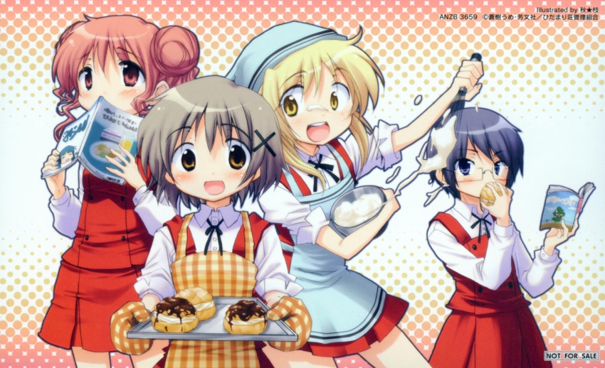 00s, 4girls, aki_eda, apron, bandana, black_hair, blonde_hair, blue_eyes