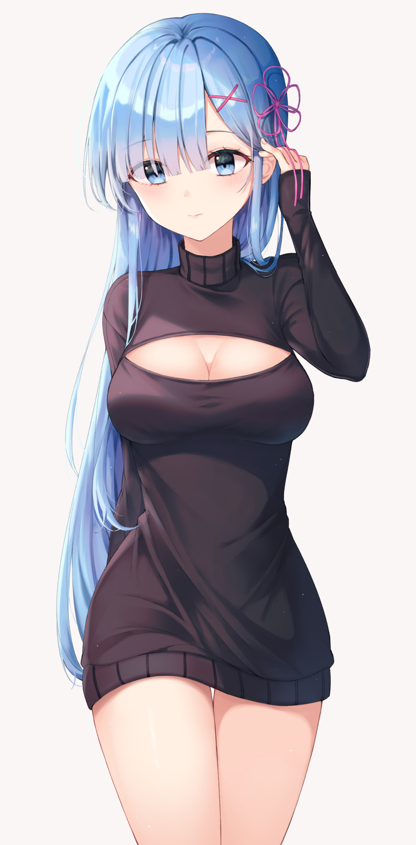 1girl, absurdres, alternate_hair_length, alternate_hairstyle, blue_eyes, blue_hair, breasts, cleavage