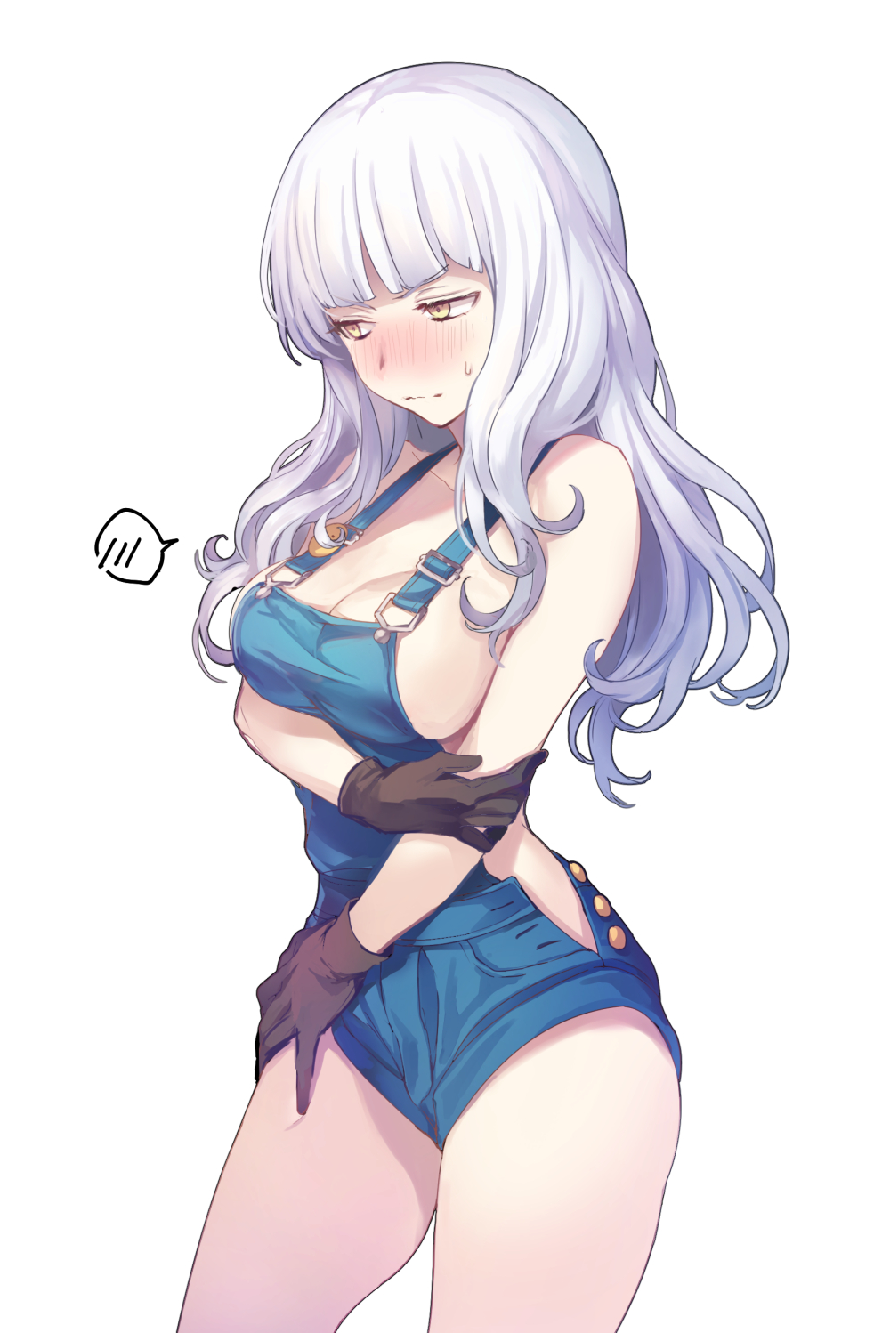 1girl, bare_shoulders, blush, breasts, carmilla_(fate), cleavage, collarbone, cosplay, fate/grand_order, fate_(series), female_focus, frown, gloves, hand_on_own_arm, hand_on_own_hip, highres, large_breasts, long_hair, looking_down, naked_overalls, overall_shorts, overalls, paul_bunyan_(fate), paul_bunyan_(fate)_(cosplay), paul_bunyan_(third_ascension)_(fate), siiqa_vivi, solo, sweatdrop, wavy_hair, wavy_mouth, white_background, yellow_eyes