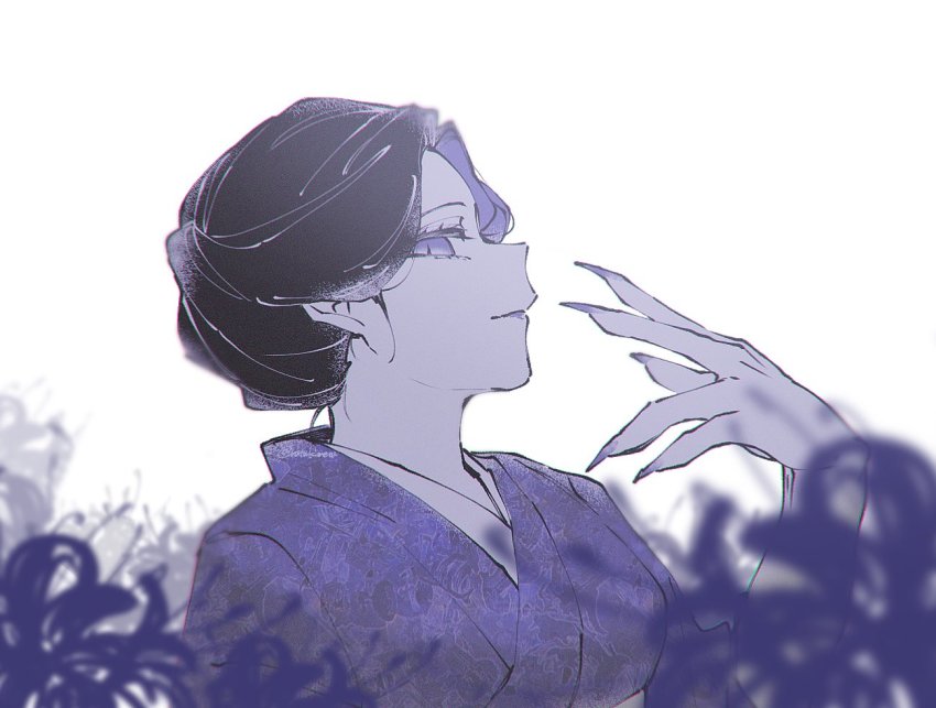 1girl, black_hair, blue_flower, blue_spider_lily, demon_girl, female_focus, fingernails, flower