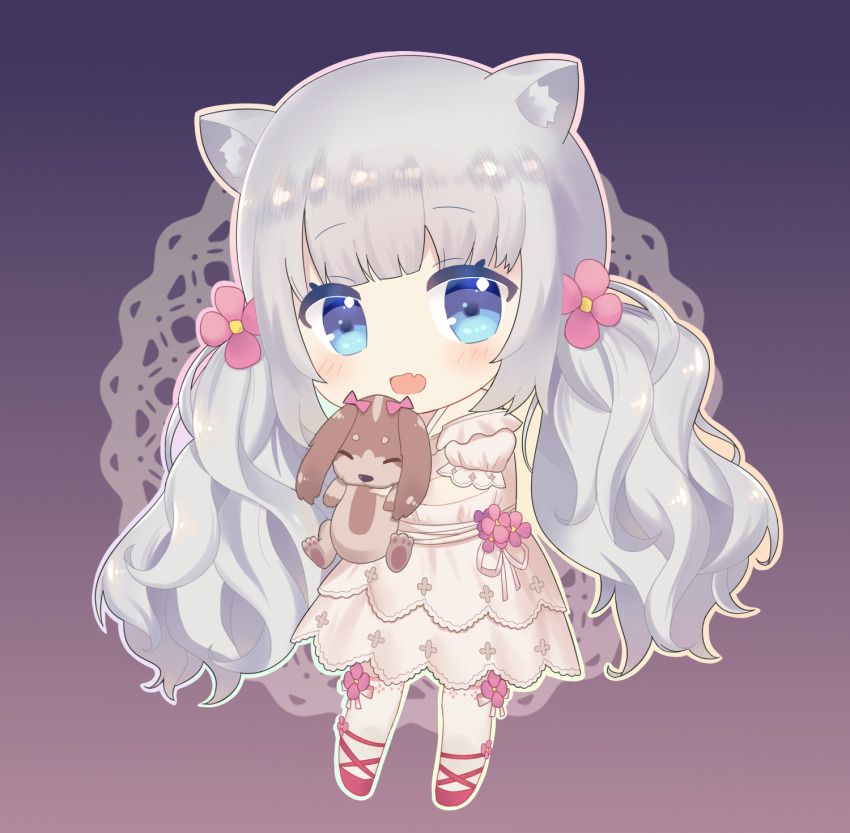 1girl, animal, animal_ear_fluff, blue_eyes, blunt_bangs, blush, chibi, closed_eyes