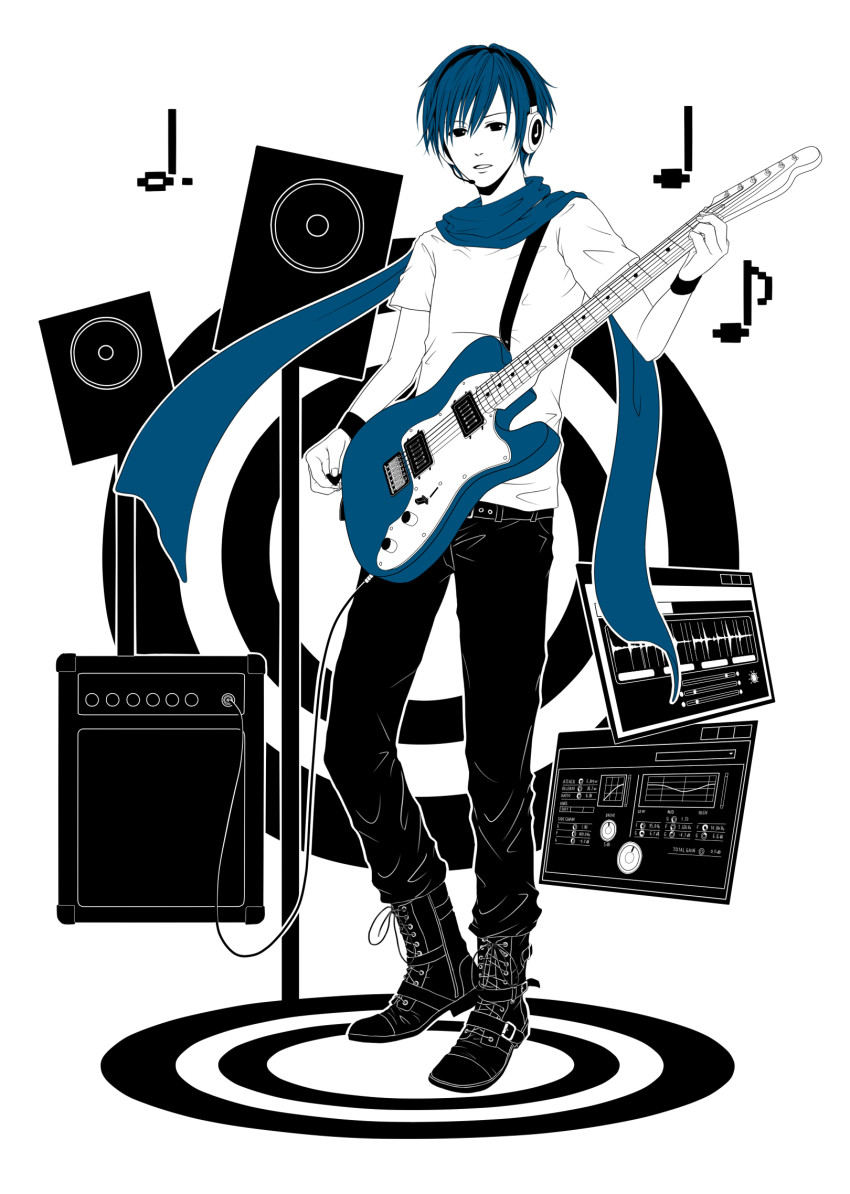 1boy, black_eyes, blue_hair, boots, guitar, headphones, headset, highres, ichimura_satsuki, instrument, kaito_(vocaloid), male_focus, monochrome, musical_note, saihate_(vocaloid), scarf, short_hair, solo, speaker, vocaloid