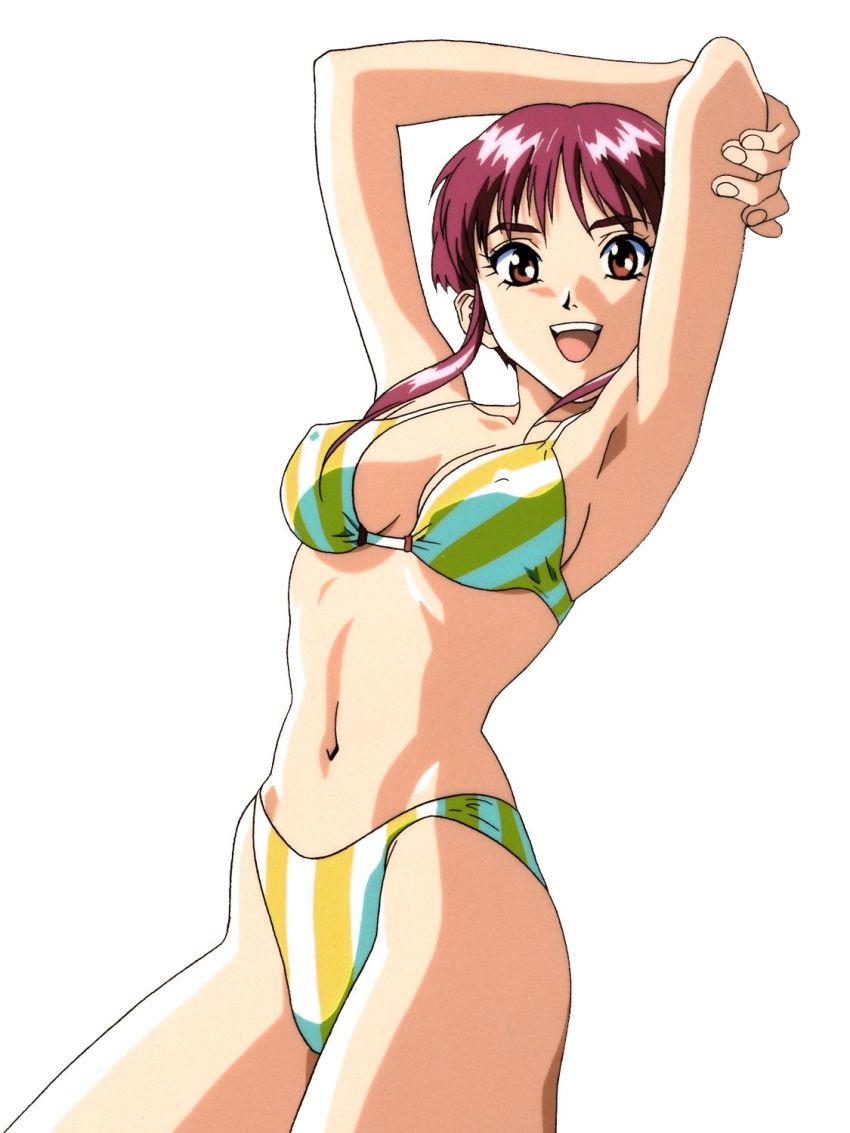 1990s_(style), 1girl, arm_grab, armpits, arms_up, bikini, breasts, brown_eyes, covered_erect_nipples, cowboy_shot, female_focus, highres, looking_at_viewer, medium_breasts, navel, official_art, open_mouth, red_eyes, retro_artstyle, sawada_minako, short_hair, simple_background, solo, striped_bikini, striped_clothes, swimsuit, teeth, upper_teeth_only, white_background, yamada_masaki, zenkoku_seifuku_bishoujo_grand_prix