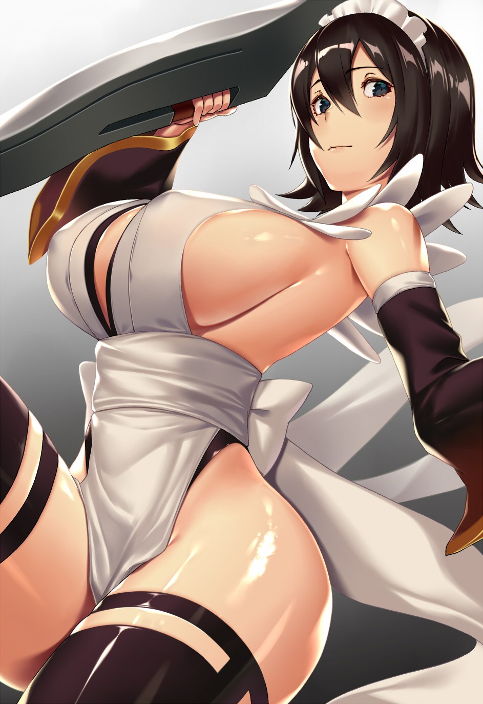 1girl, bare_shoulders, black_eyes, black_hair, black_thighhighs, blade, breasts, covered_erect_nipples
