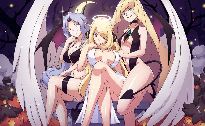 3girls, alternate_costume, angel_and_devil, angel_wings, artist_collaboration, bikini, blonde_hair, breasts