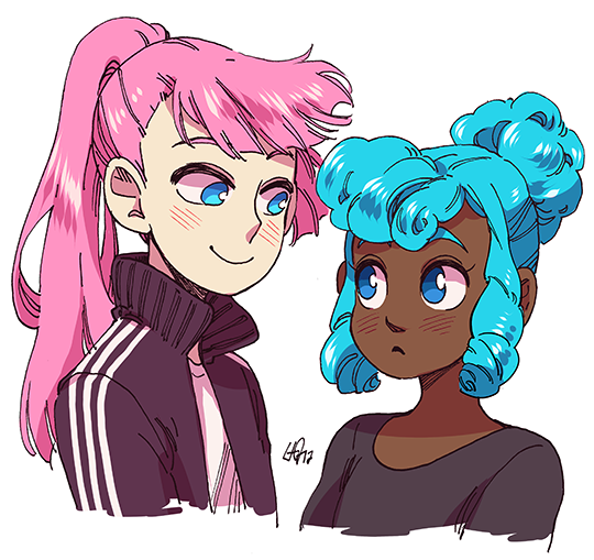2girls, black_shirt, blue_eyes, blue_hair, blush, curly_hair, dark-skinned_female, dark_skin