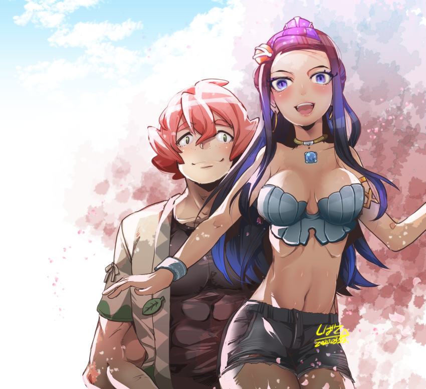 1boy, 1girl, absurdres, alternate_costume, alternate_skin_color, black_hair, black_shirt, blue_bra