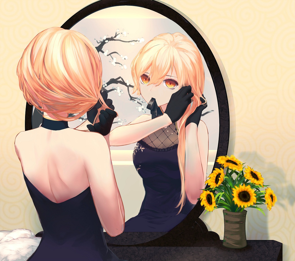 1girl, bare_shoulders, black_dress, black_gloves, blonde_hair, choker, commentary_request, dress