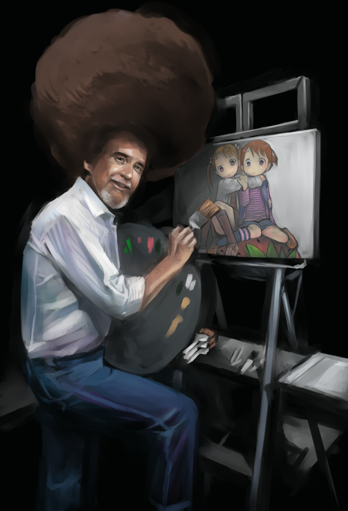 1boy, afro, art_brush, big_hair, bob_ross, child, easel, food