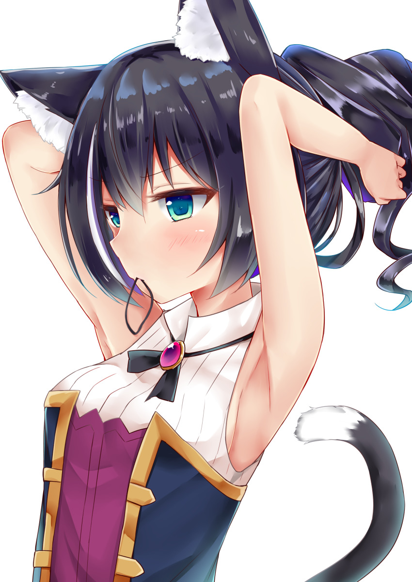 1girl, absurdres, adjusting_hair, animal_ear_fluff, animal_ears, armpits, arms_behind_head, black_hair