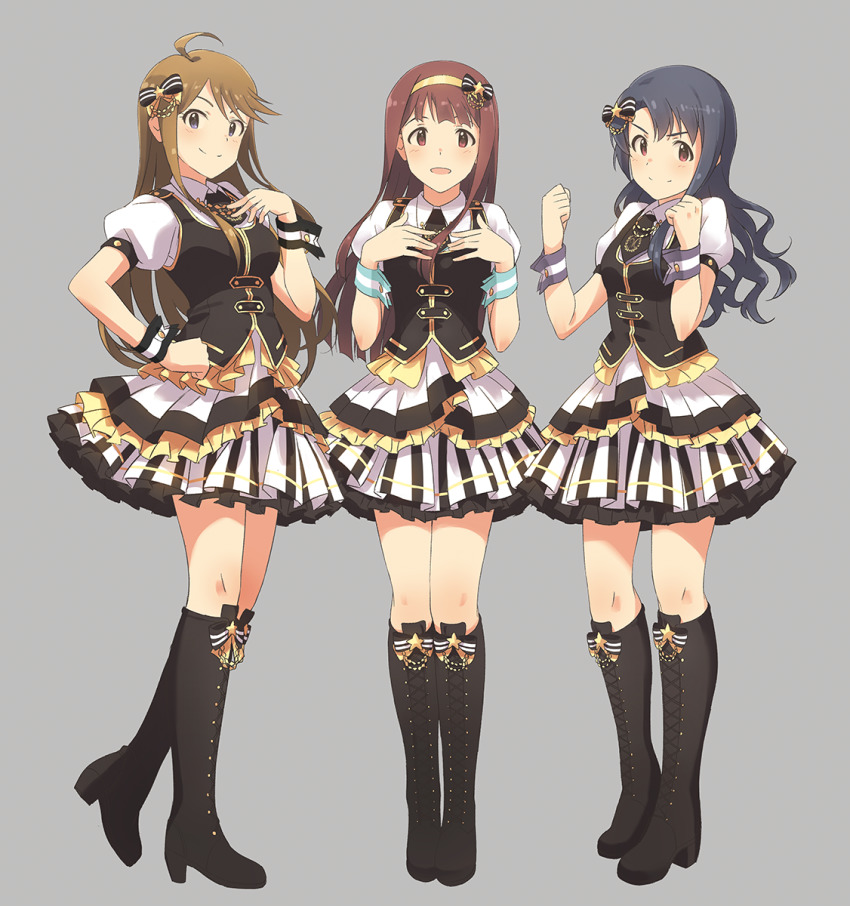 3girls, ahoge, black_bow, black_footwear, black_hair, black_vest, blush, boots