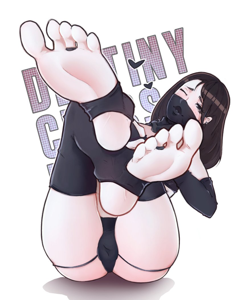 1boy, absurdres, black_eyes, black_hair, bulge, cosdestiny, crossdressing, crossdressing_(mtf), feet, foot_focus, highres, long_hair, male_focus, mask, mouth_mask, neesorin, one_eye_closed, original, soles, solo, toeless_legwear, toes, trap